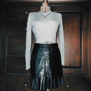 ganni black lamb leather button-up ruffle skirt